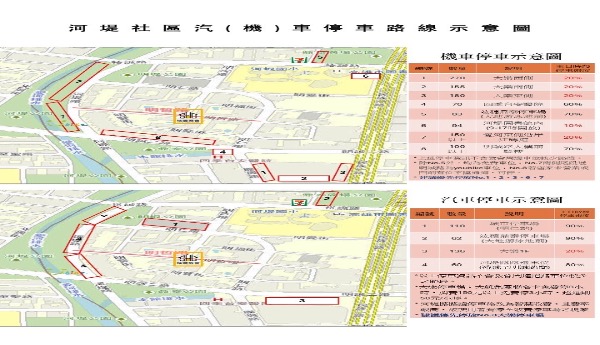河堤社區汽（機）車停車路線示意圖